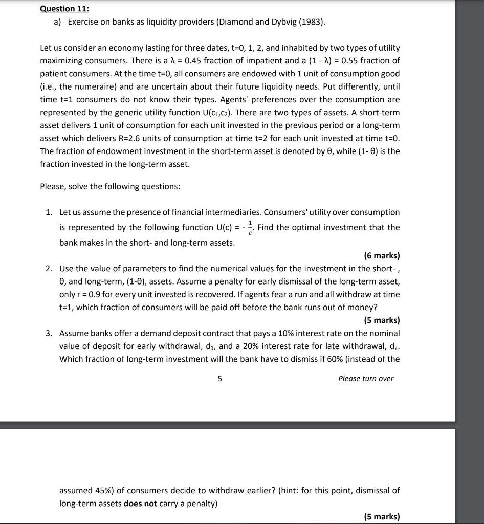 Question 11 A Exercise On Banks As Liquidity Providers Diamond And 
