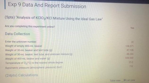 Exp 9 Data And Report Submission 5pts Analysis Of Kcio3 Kci Mixture Using The Ideal Gas Law Yes Are You Completing T 1