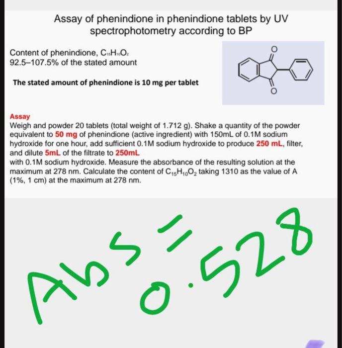 Assay Of Phenindione In Phenindione Tablets By Uv Spectrophotometry According To Bp Content Of Phenindione C H O 92 5 1