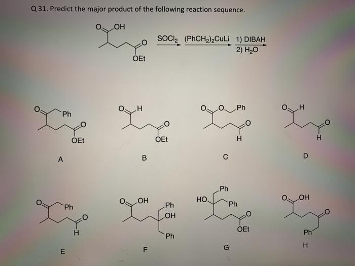 Q31 Predict The Major Product Of The Following Reaction Sequence Oh Soci2 Phch2 2culi 1 Dibah 2 H2o Oet H Ph H Ph O 1