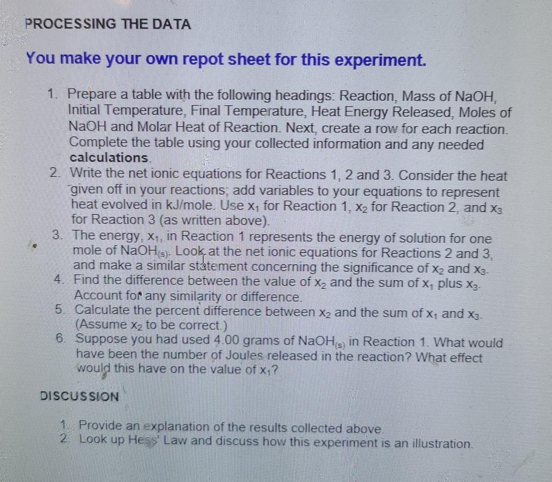 Processing The Data You Make Your Own Repot Sheet For This Experiment 1 Prepare A Table With The Following Headings R 1