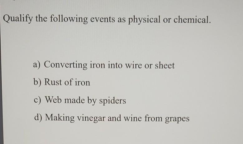 Qualify The Following Events As Physical Or Chemical A Converting Iron Into Wire Or Sheet B Rust Of Iron C Web Made 1