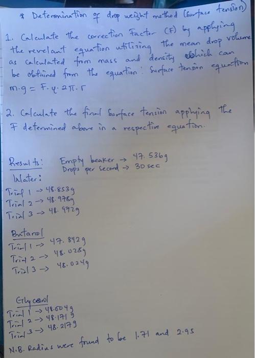 Drop Volume Determination Of Drop Weight Method Surface Tension 1 Calculate The Correction Factor F By Applying T 1