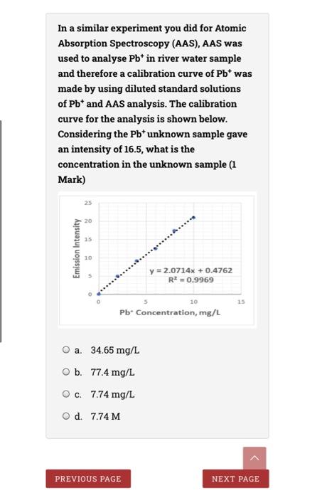 In A Similar Experiment You Did For Atomic Absorption Spectroscopy Aas Aas Was Used To Analyse Pbt In River Water Sam 1