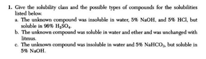 1 Give The Solubility Class And The Possible Types Of Compounds For The Solubilities Listed Below A The Unknown Compo 1