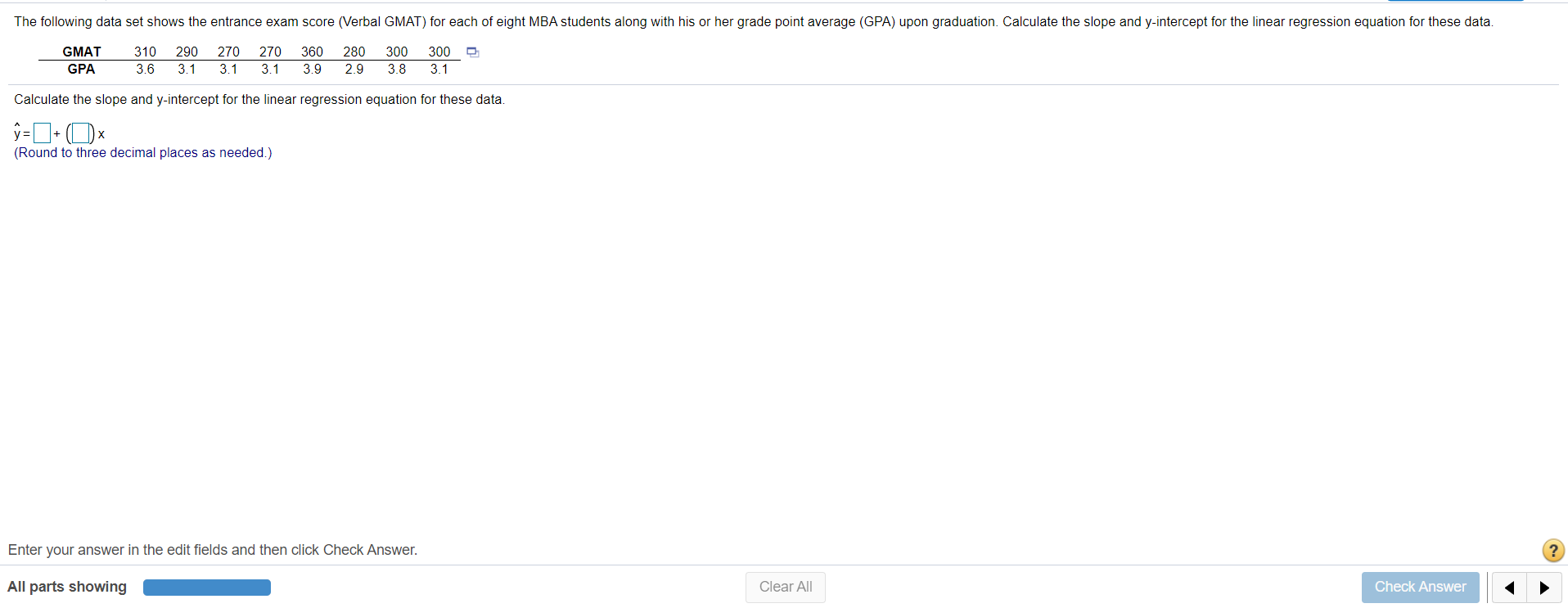 The Following Data Set Shows The Entrance Exam Score Verbal Gmat For Each Of Eight Mba Students Along With His Or Her 1