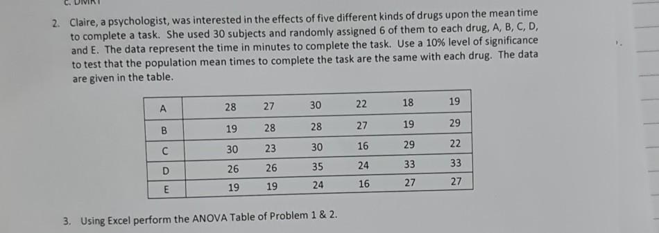 2 Claire A Psychologist Was Interested In The Effects Of Five Different Kinds Of Drugs Upon The Mean Time To Complete 1
