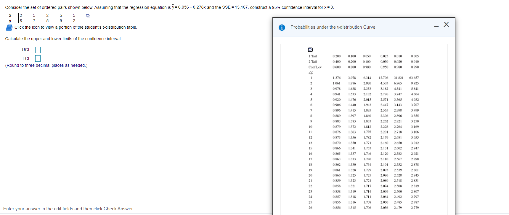 Consider The Set Of Ordered Pairs Shown Below Assuming That The Regression Equation Is Y 6 056 0 278x And The Sse 13 1