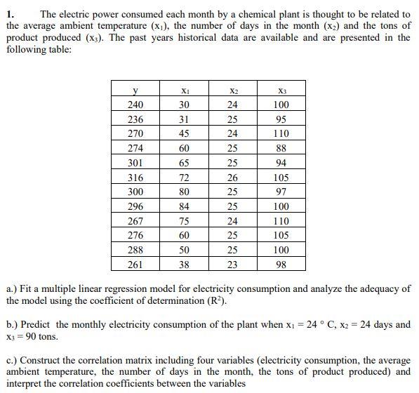 1 The Electric Power Consumed Each Month By A Chemical Plant Is Thought To Be Related To The Average Ambient Temperatur 1