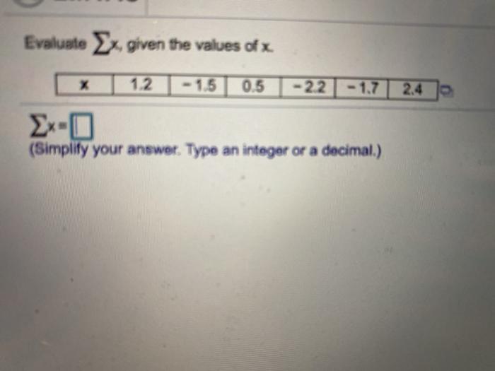 Evaluate Xx Given The Values Of X 1 2 1 5 0 5 22 1 7 2 4 Simplify Your Answer Type An Integer Or A Decimal 1