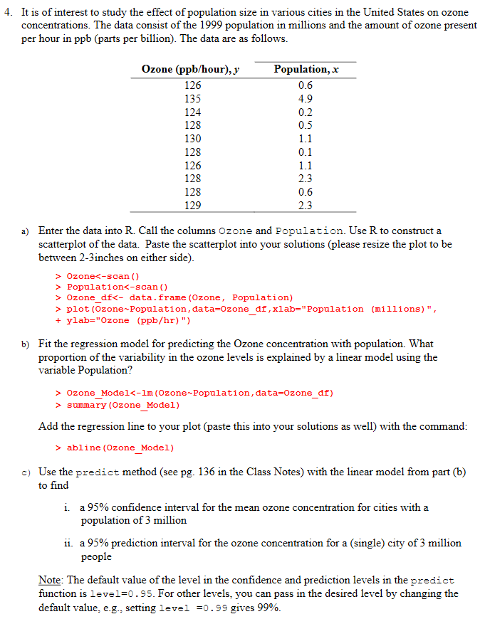 4 It Is Of Interest To Study The Effect Of Population Size In Various Cities In The United States On Ozone Concentratio 1