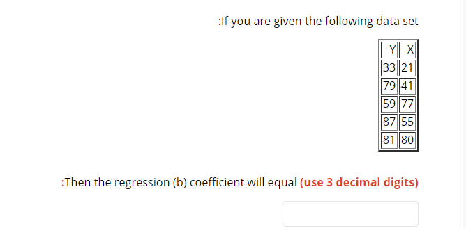 If You Are Given The Following Data Set Y X 3321 7941 5977 8755 8180 Then The Regression B Coefficient Will Equal 1