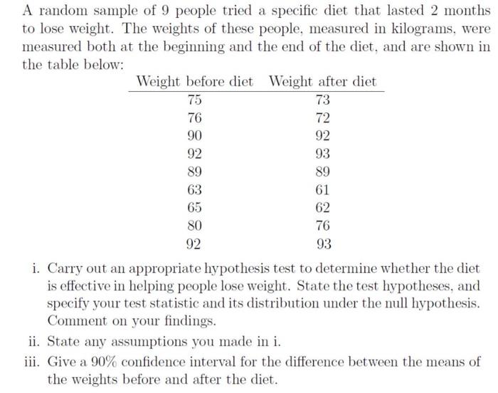 A Random Sample Of 9 People Tried A Specific Diet That Lasted 2 Months To Lose Weight The Weights Of These People Meas 1