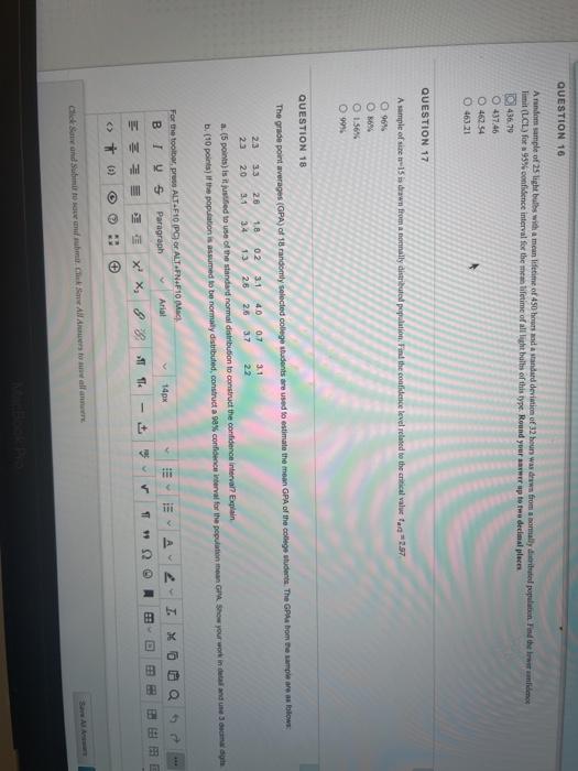 Question 16 A Random Sample Of 25 Light Bulbs With A Mean Lifetime Of 450 Hrs And A Standard Deviation Of 32 Hou Wa Ww F 1