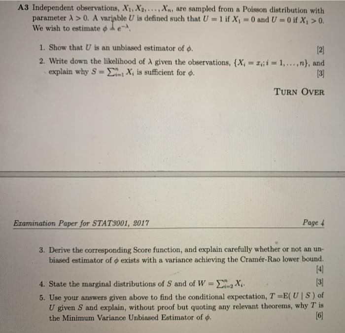 A3 Independent Observations X1 X2 X Are Sampled From A Poisson Distribution With Parameter X 0 A Varjable U 1