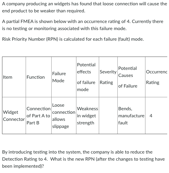 A Company Producing An Widgets Has Found That Loose Connection Will Cause The End Product To Be Weaker Than Required A 1