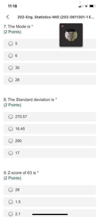 11 18 202 Eng Statistics Mid 202 0611301 1e 7 The Mode Is 2 Points 5 6 30 28 8 The Standard Deviation Is 2 P 1