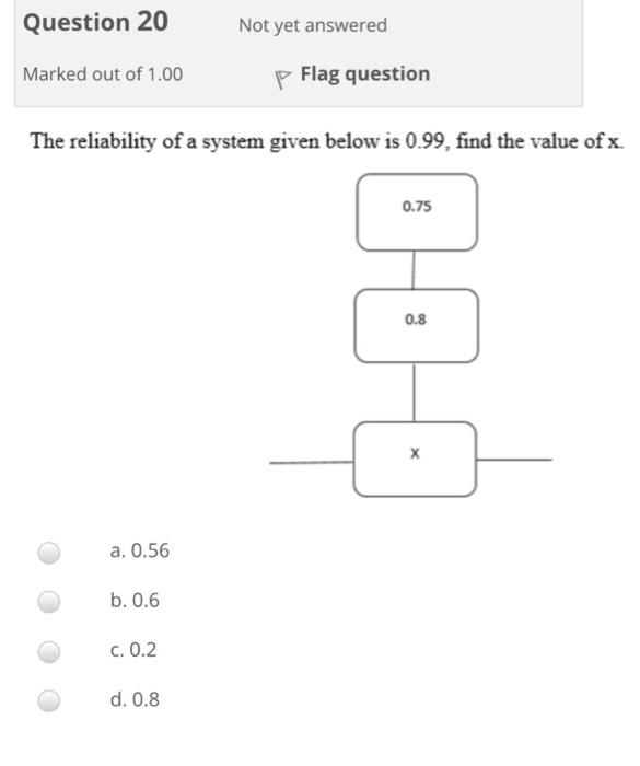 Question 20 Not Yet Answered Marked Out Of 1 00 P Flag Question The Reliability Of A System Given Below Is 0 99 Find Th 1