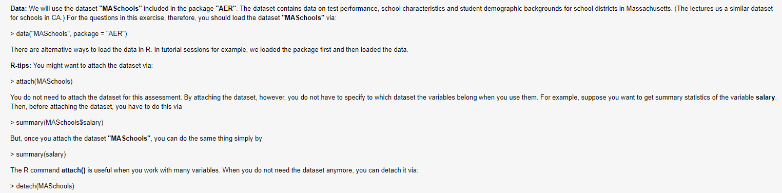 We Use The Dataset Maschools In The Package Aer Like We Did In R Exercise 2 The Dataset Contains Information On Tes 1