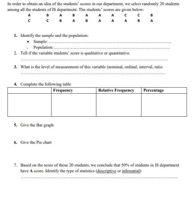 In Order To Obtain An Idea Of The Students Scores In Our Department We Select Randomly 20 Students Among All The Stude 1
