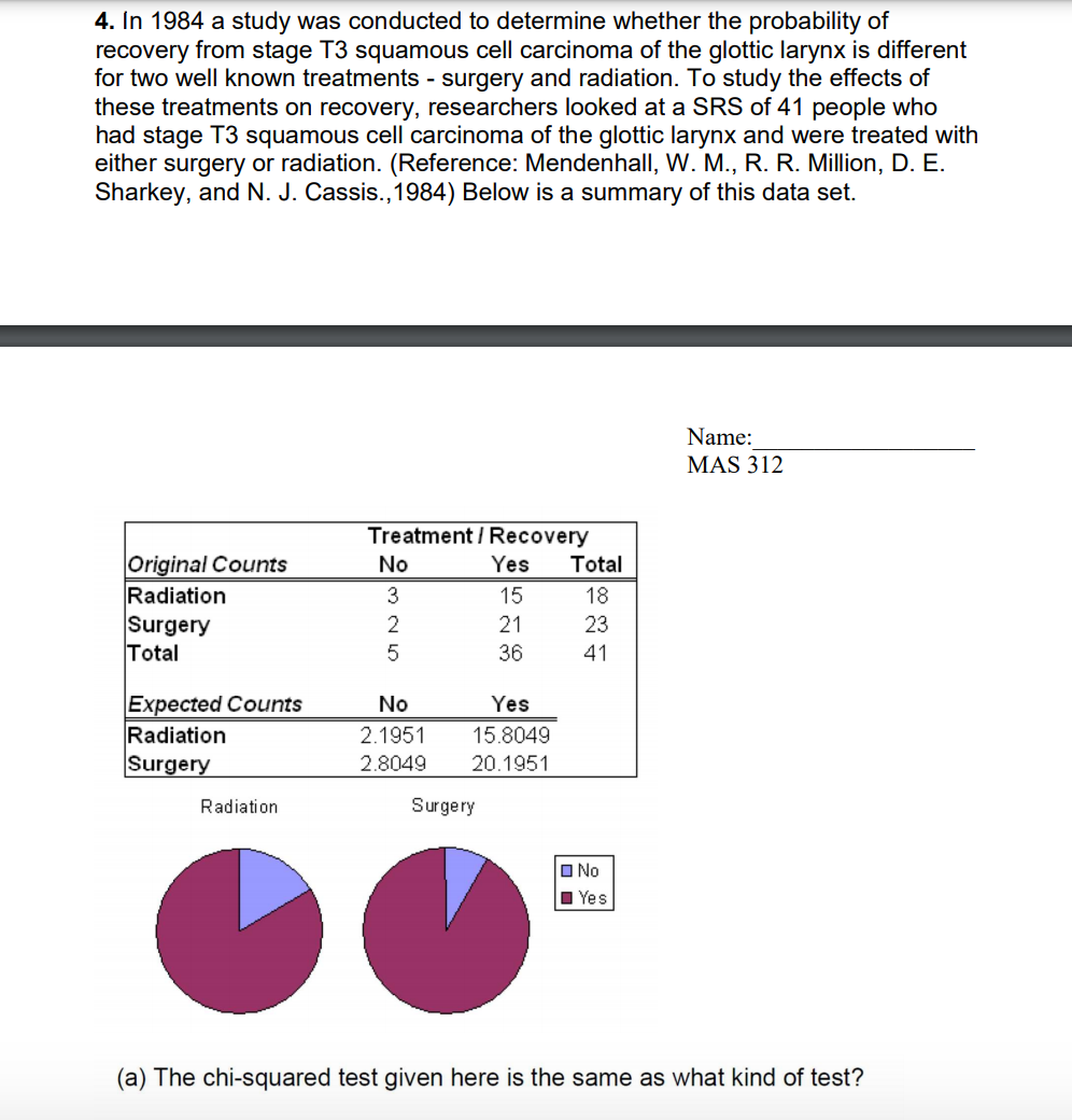 4 In 1984 A Study Was Conducted To Determine Whether The Probability Of Recovery From Stage T3 Squamous Cell Carcinoma 1