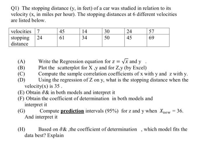 Q1 The Stopping Distance Y In Feet Of A Car Was Studied In Relation To Its Velocity X In Miles Per Hour The Stop 2
