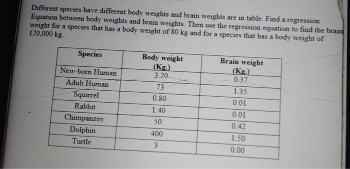 Different Species Have Different Body Weights And Brain Weights Are In Table Find A Regression Equation Between Body We 1