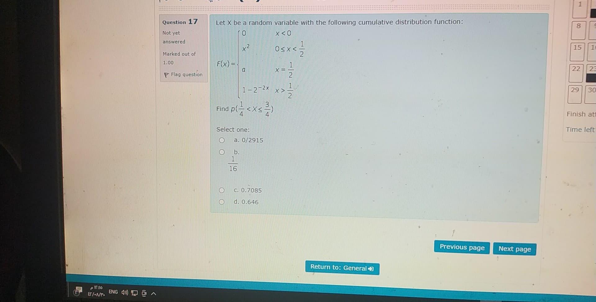 1 Question 17 Let X Be A Random Variable With The Following Cumulative Distribution Function 0 X 0 8 Not Yet Answered 1