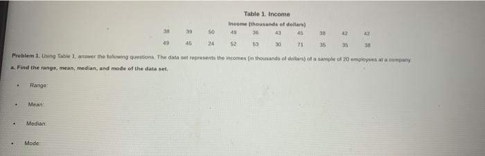 10 Table 1 Income Income Thousands Of Dollars So 45 30 43 45 30 42 42 24 52 53 30 71 35 Problem 1 Uning Table 1 Answe 1
