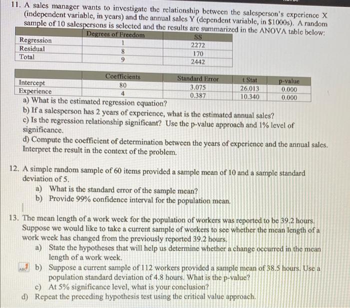 11 A Sales Manager Wants To Investigate The Relationship Between The Salesperson S Experience X Independent Variable 1
