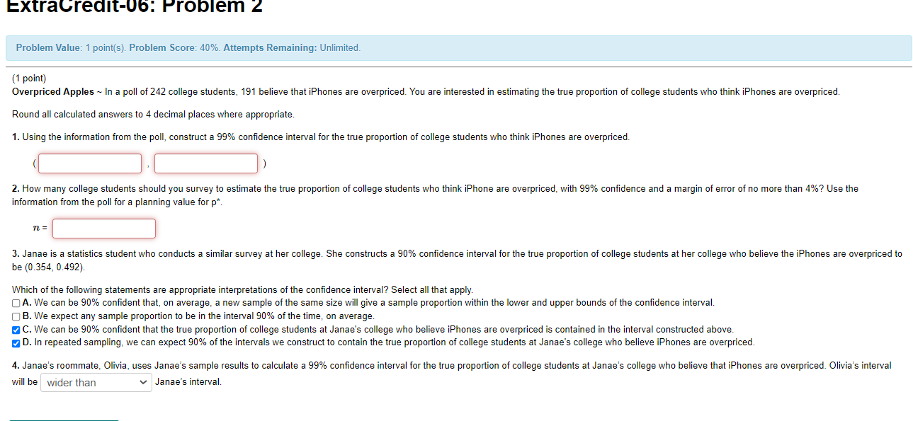 Extracredit 06 Problem 2 Problem Value 1 Point S Problem Score 40 Attempts Remaining Unlimited 1 Point Overpr 1