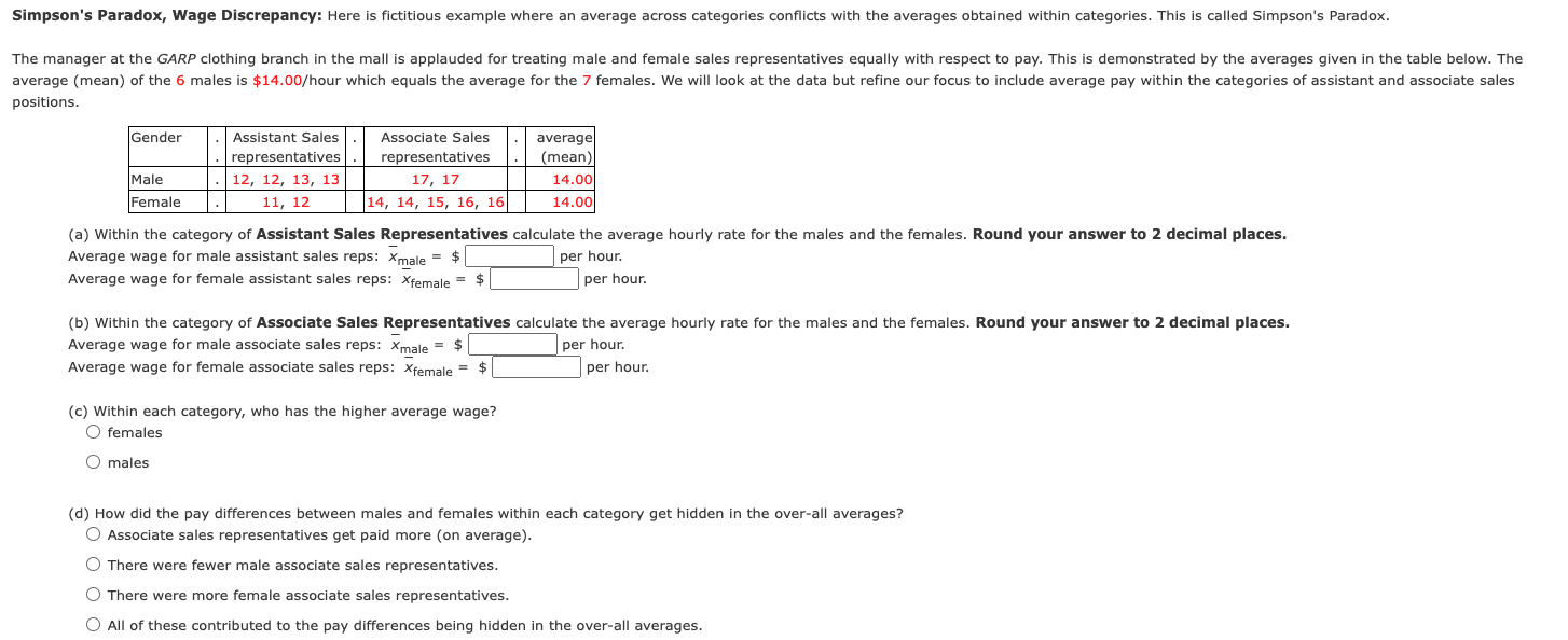Simpson S Paradox Wage Discrepancy Here Is Fictitious Example Where An Average Across Categories Conflicts With The Av 1