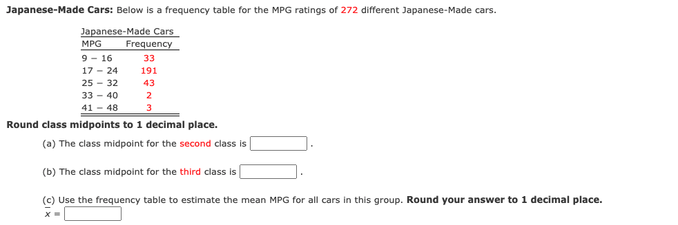 Japanese Made Cars Below Is A Frequency Table For The Mpg Ratings Of 272 Different Japanese Made Cars Japanese Made Ca 1