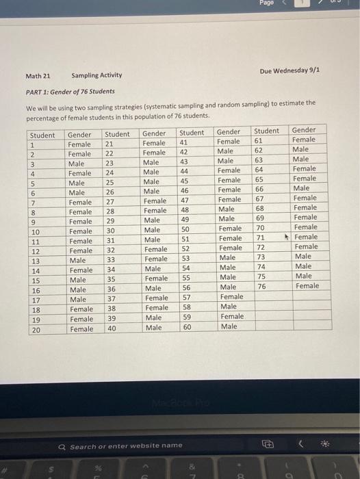 Page Due Wednesday 9 1 Math 21 Sampling Activity Part 1 Gender Of 76 Students We Will Be Using Two Sampling Strategies 1