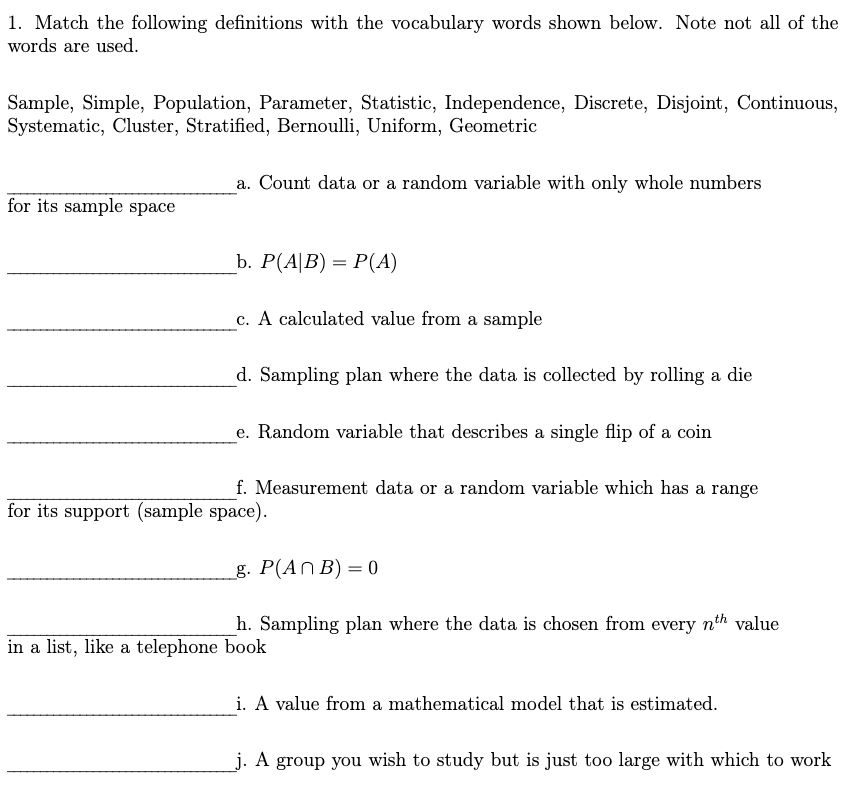 1 Match The Following Definitions With The Vocabulary Words Shown Below Note Not All Of The Words Are Used Sample Si 1