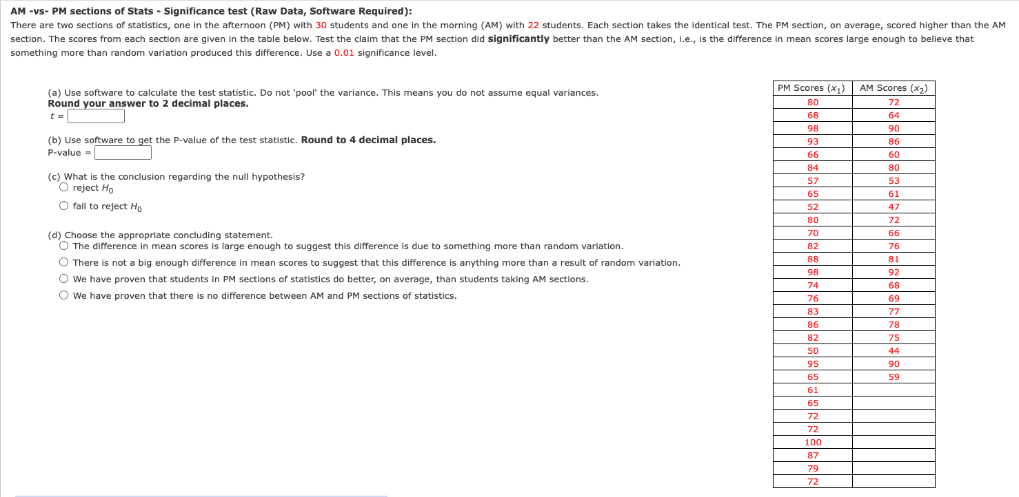 Am Vs Pm Sections Of Stats Significance Test Raw Data Software Required There Are Two Sections Of Statistics On 1