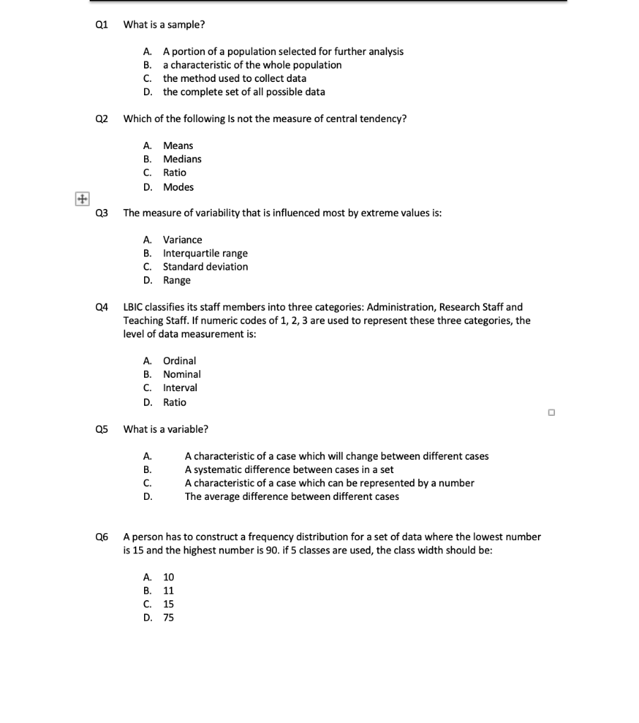 Q1 What Is A Sample A A Portion Of A Population Selected For Further Analysis B A Characteristic Of The Whole Populat 1