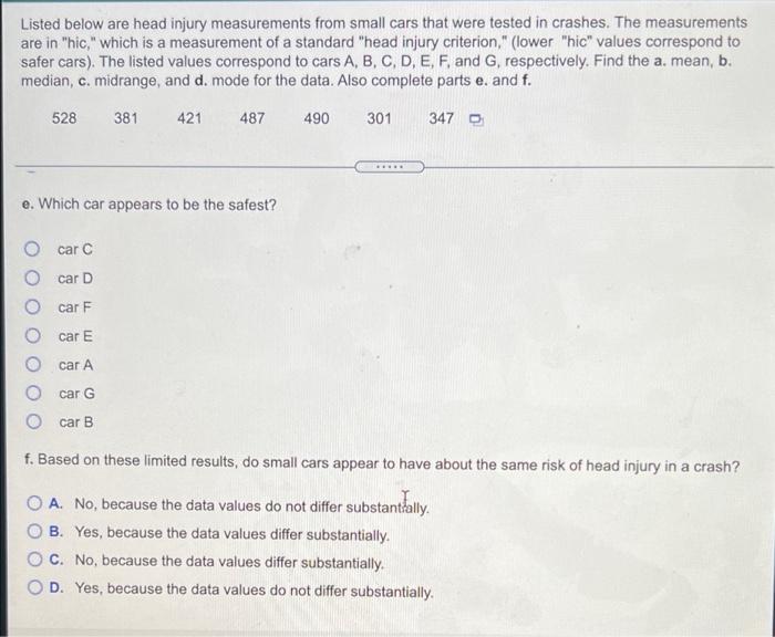 Listed Below Are Head Injury Measurements From Small Cars That Were Tested In Crashes The Measurements Are In Whic Wh 2