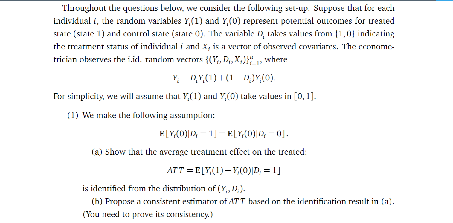 Throughout The Questions Below We Consider The Following Set Up Suppose That For Each Individual I The Random Variabl 1