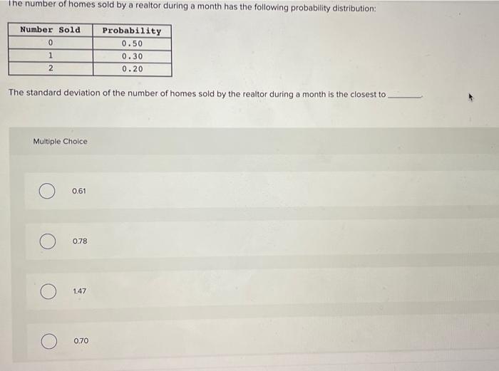 The Number Of Homes Sold By A Realtor During A Month Has The Following Probability Distribution Number Sold 0 Probabili 1