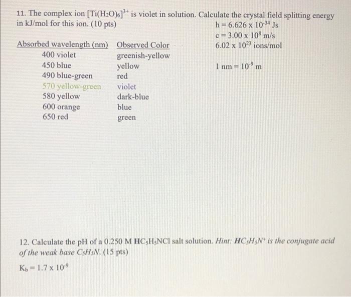 11 The Complex Ion Ti H20 3 Is Violet In Solution Calculate The Crystal Field Splitting Energy In Kj Mol For This I 1