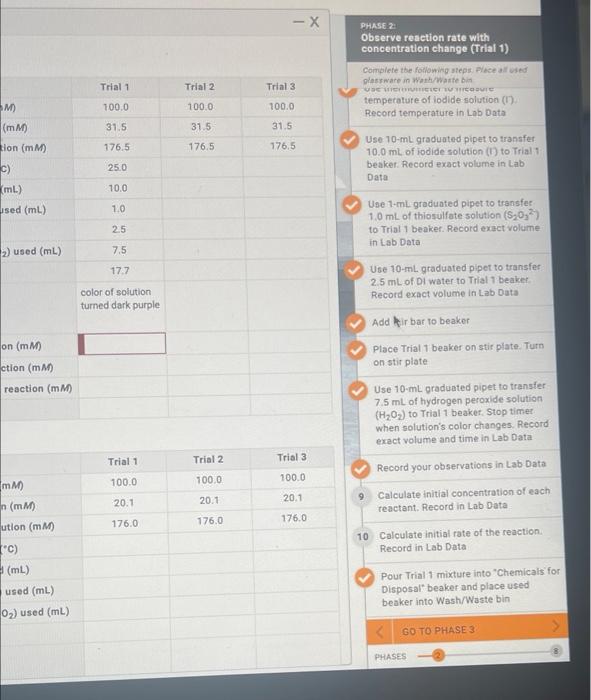 X Phase 2 Observe Reaction Rate With Concentration Change Trial 1 Complete The Following Steps Place Glassware In Wa 1