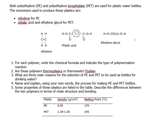 Both Polyethylene Pe And Polyethylene Terephtalate Pet Are Used For Plastic Water Bottles The Monomers Used To Prod 1