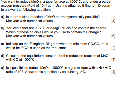 You Want To Reduce Mno In A Tube Furnace At 1000 C And Under A Partial Oxygen Pressure Poz Of 10 30 Atm Use The Atta 1