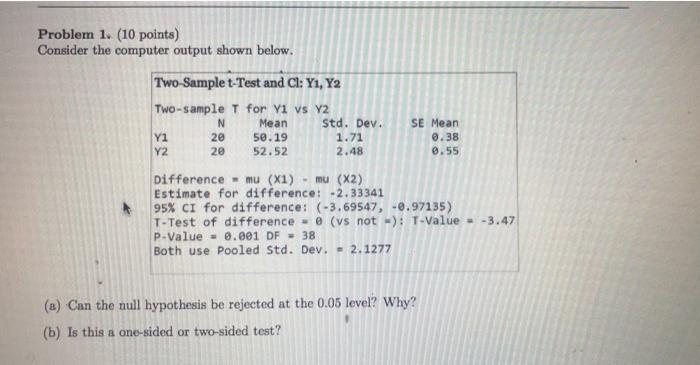 Problem 1 10 Points Consider The Computer Output Shown Below Two Sample T Test And Ci Y1 Y2 Two Sample T For Vi Vs 1