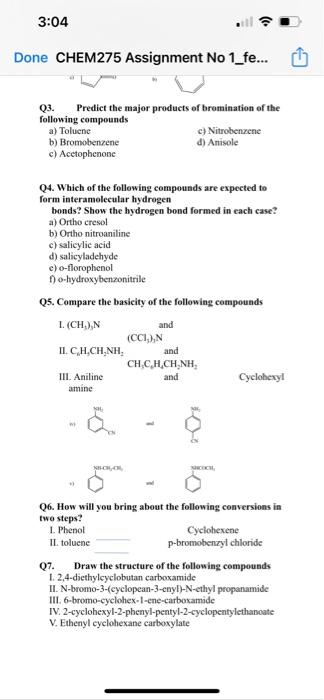 3 04 Done Chem275 Assignment No 1 Fe Q3 Predict The Major Products Of Bromination Of The Following Compounds A Tolu 1
