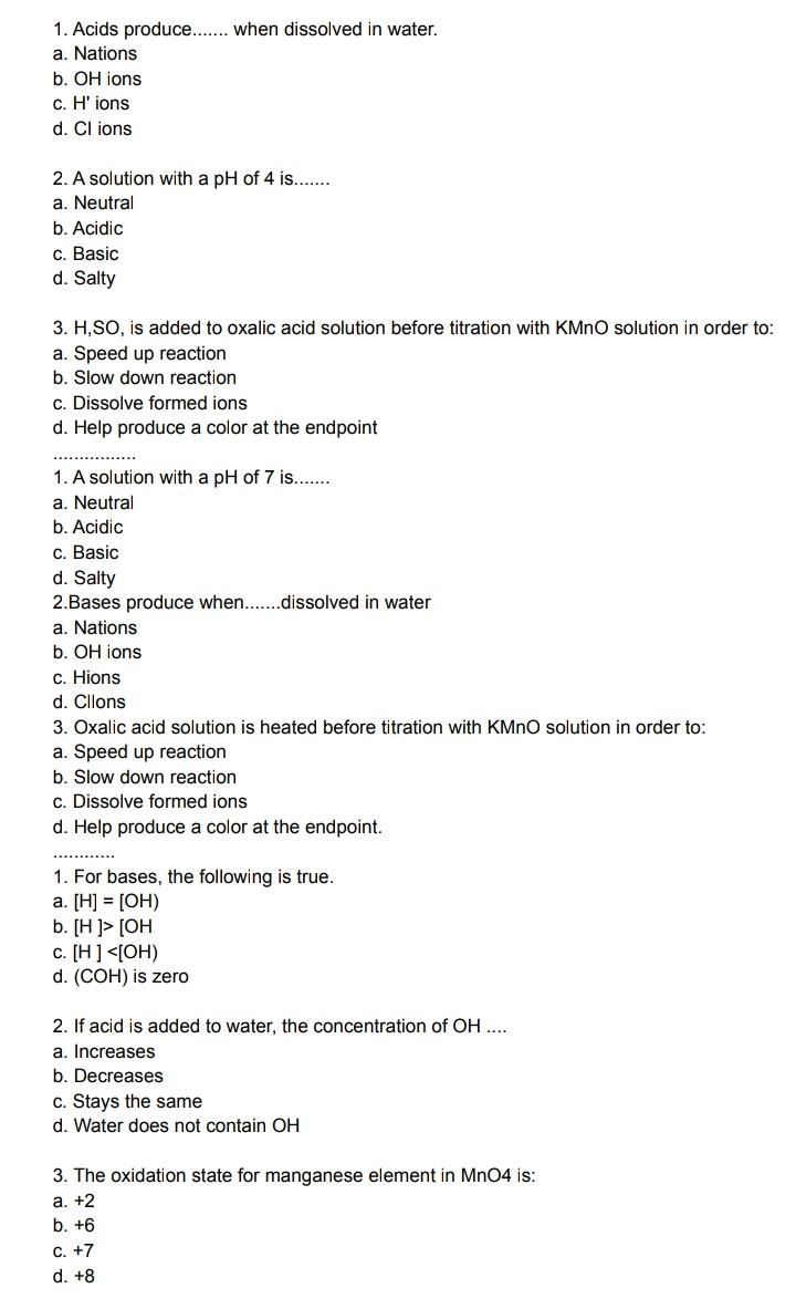 1 Acids Produce When Dissolved In Water A Nations B Oh Ions C H Ions D Clions 2 A Solution With A Ph Of 4 1