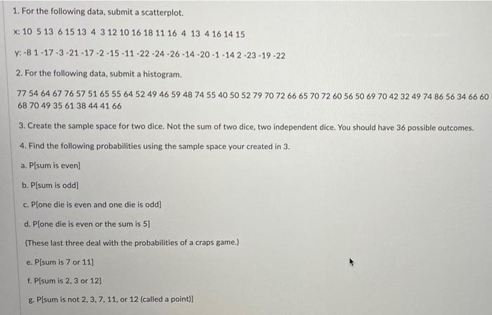 1 For The Following Data Submit A Scatterplot X 10 5 13 6 15 13 4 3 12 10 16 18 11 16 4 13 4 16 14 15 Y 8 1 17 3 2 1