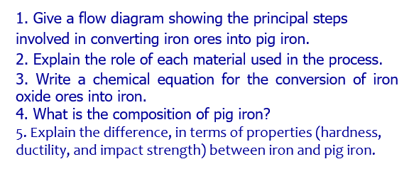 1 Give A Flow Diagram Showing The Principal Steps Involved In Converting Iron Ores Into Pig Iron 2 Explain The Role O 1