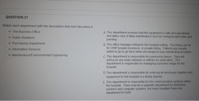 Question 21 Match Each Department With The Description That Best Describes It The Business Office Public Relations Purch 1